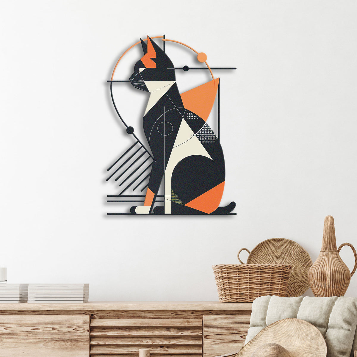 Abstract Cat metal wall art displayed on a home wall