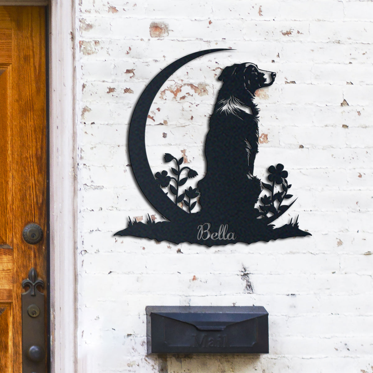 Australian Shepherd metal wall art displayed on a home wall
