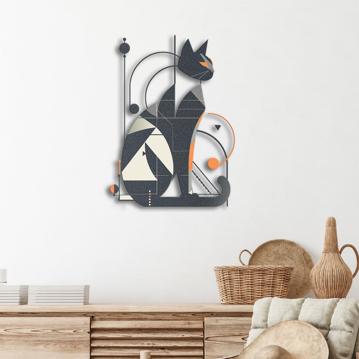 Abstract Cat metal wall art displayed on a home wall