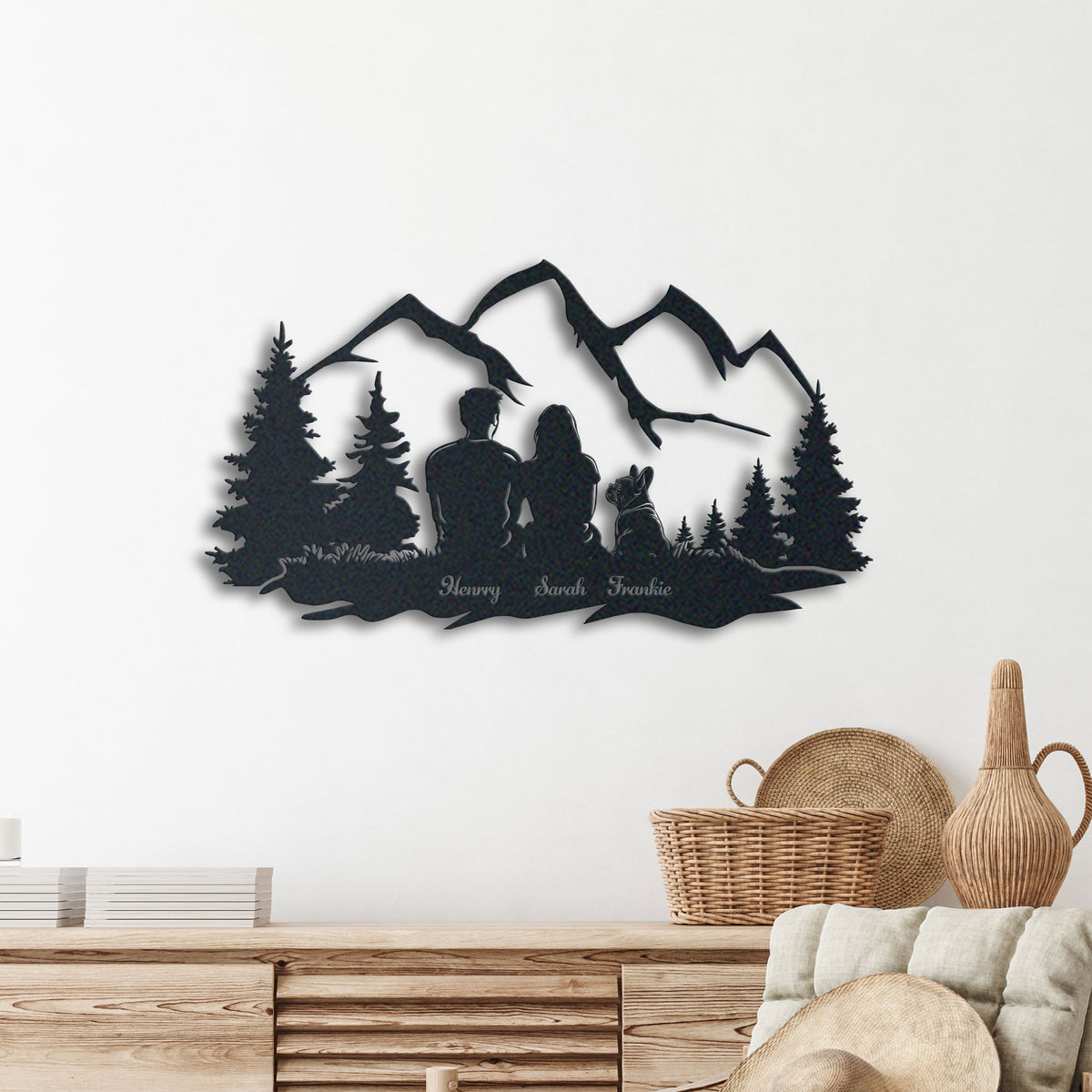 Couple And Dog metal wall art displayed on a home wall
