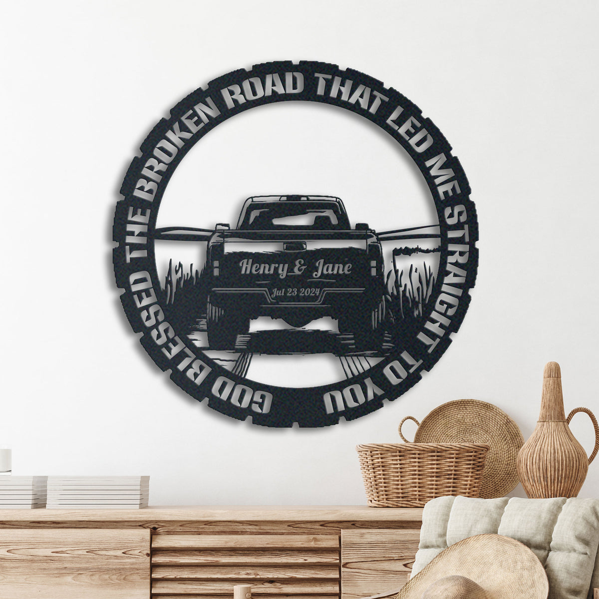 Couple Name Farmhouse metal wall art displayed on a home wall