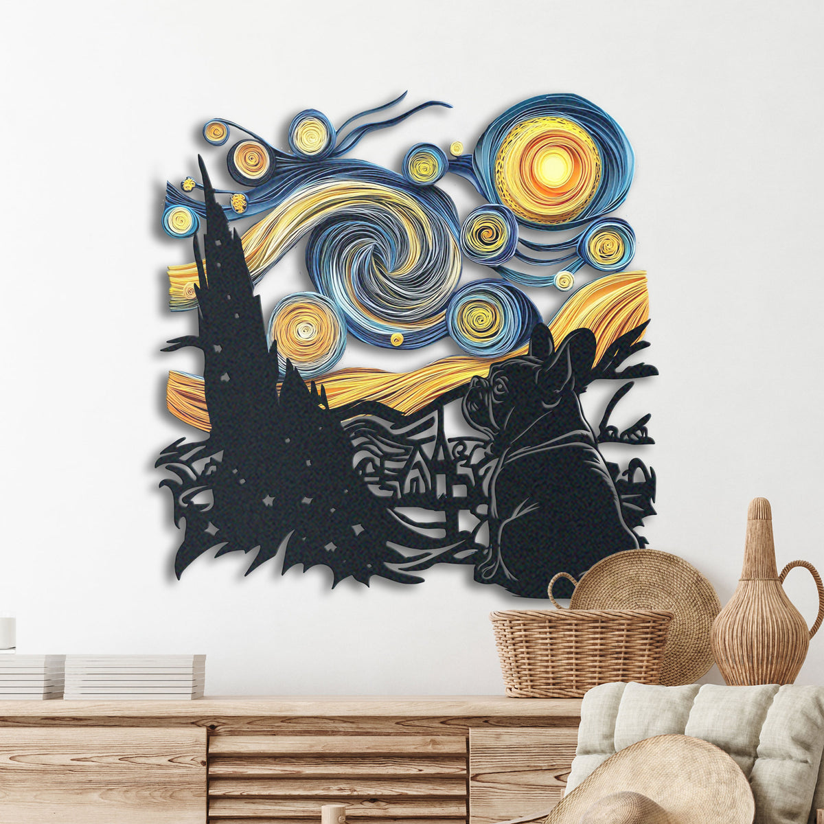 Abstract Custom Dog metal wall art displayed on a home wall