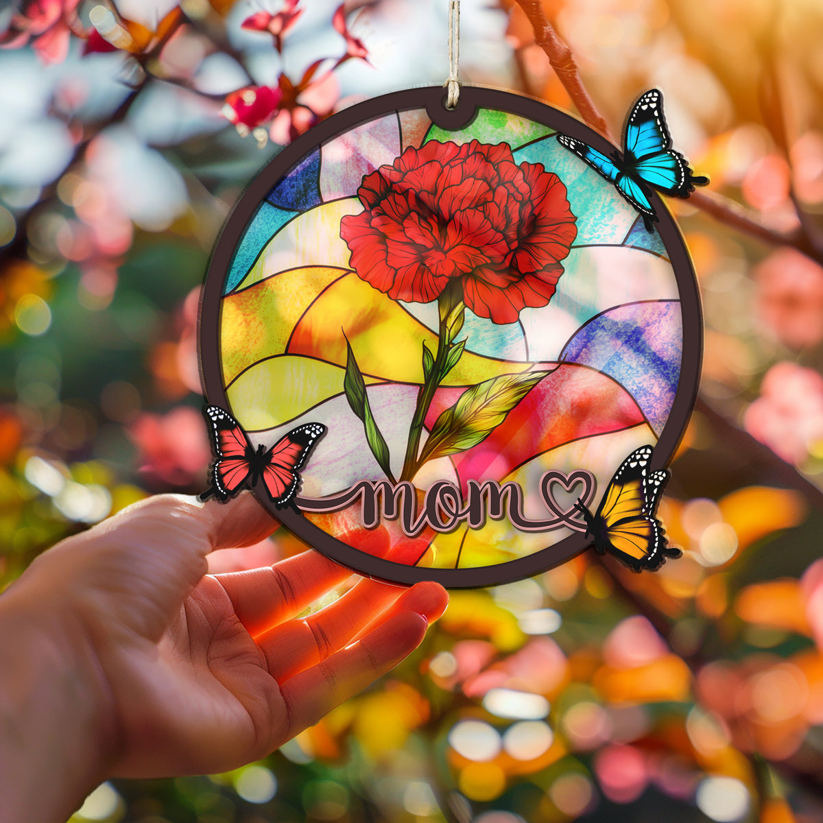 Personalized birth flower suncatcher featuring selected flowers and family names.