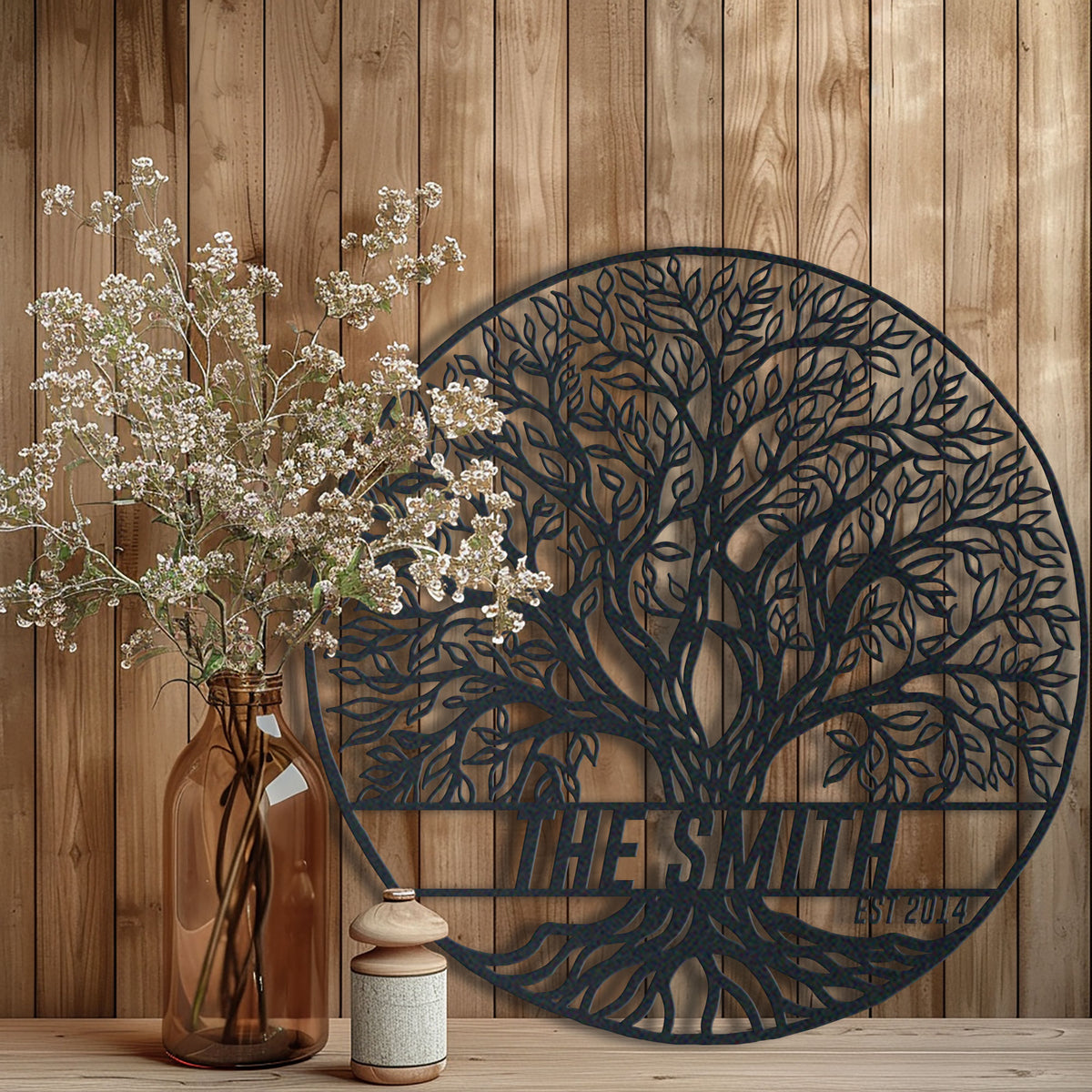 Metal Tree of Life Custom Name Signs, Handcrafted Decorative Tree for Home and Office, Perfect Housewarming Gift metal wall art displayed on a home wall