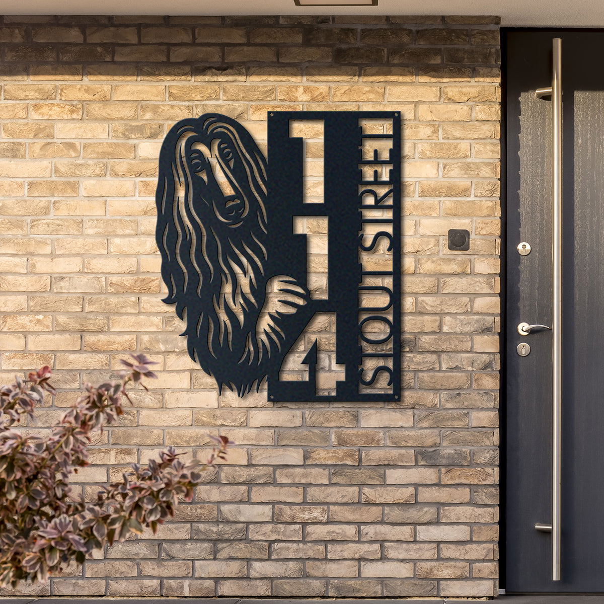 Personalized afghan hound address sign with house number and street name in metal