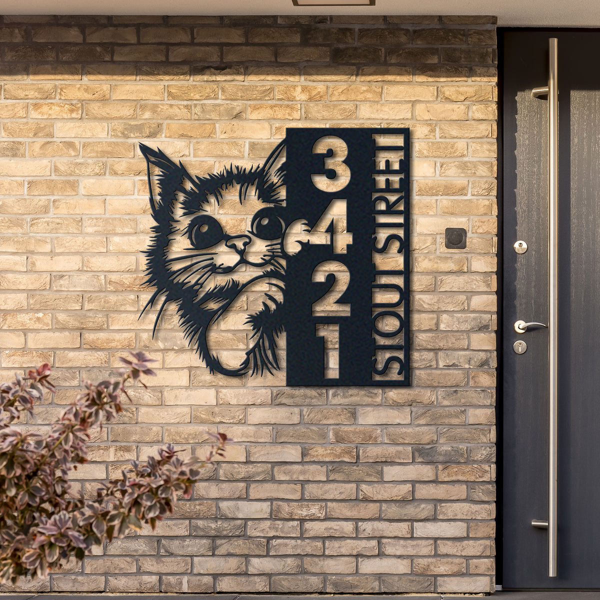 Personalized cat metal address sign with house number and street name for outdoor home decor.