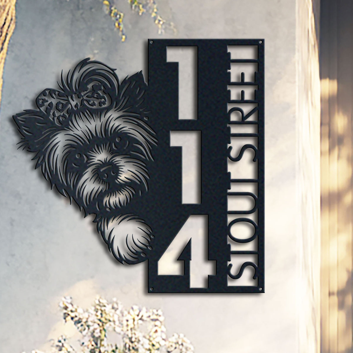 Personalized dog house number, dog address sign with house number and street name in metal
