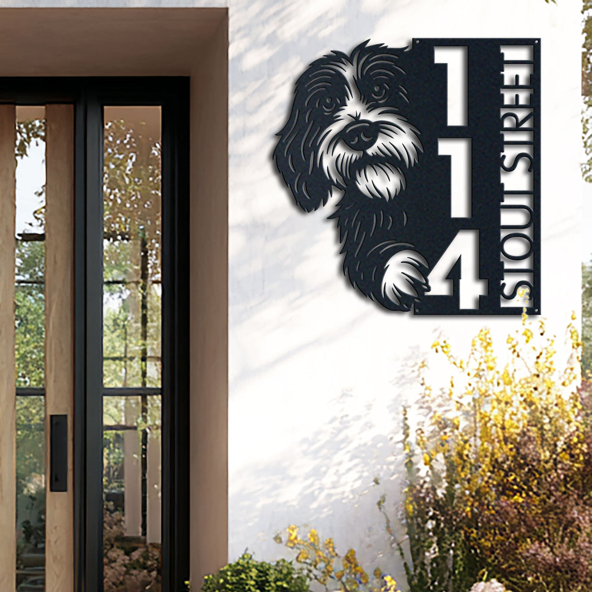 Personalized bearded collie address sign with house number and street name in metal