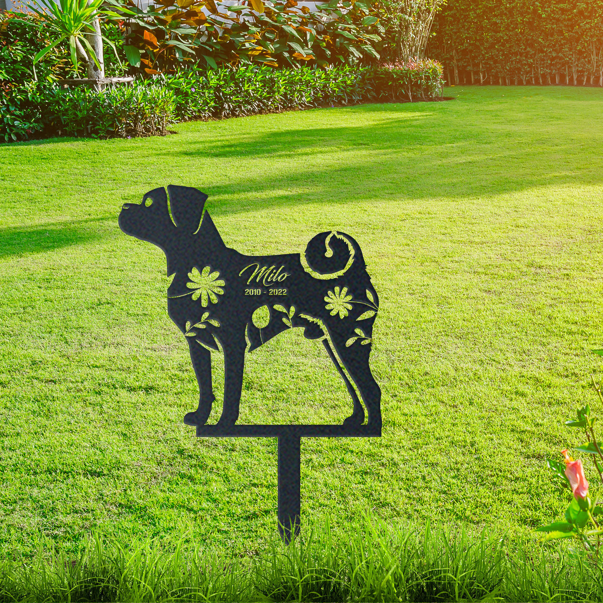 Puggle Garden Sign| Dog Sympathy Gift metal garden stake displayed outdoors in a yard