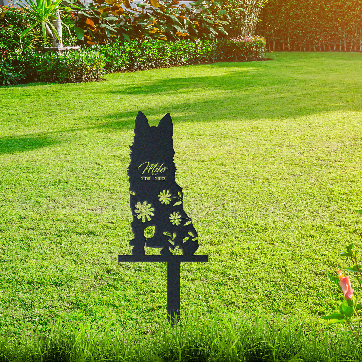 Schipperke Garden Sign| Dog Sympathy Gift metal garden stake displayed outdoors in a yard