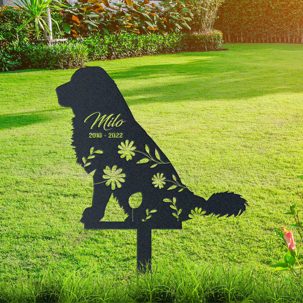 Tibetan Mastiff Garden Sign| Dog Sympathy Gift metal garden stake displayed outdoors in a yard
