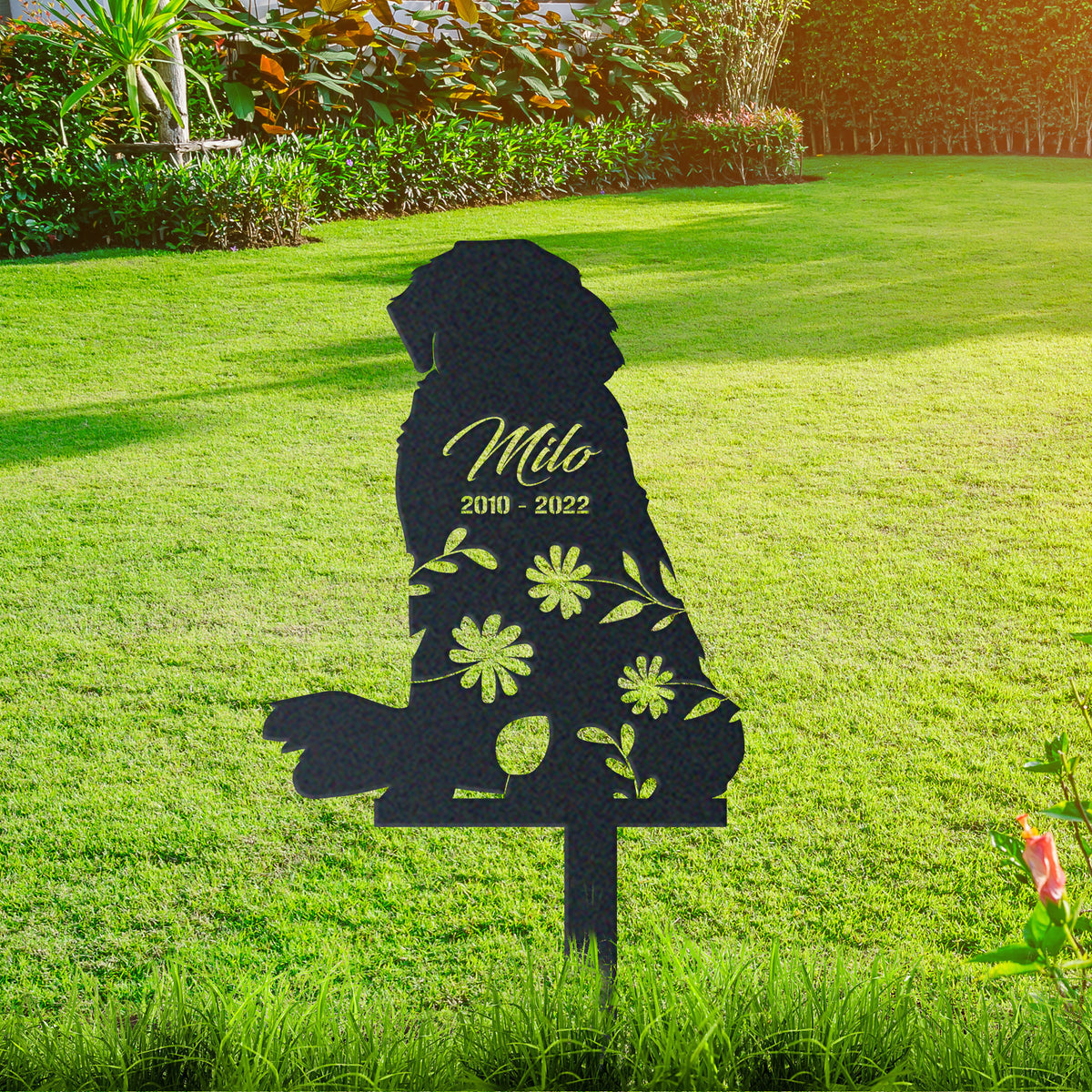 Saint Bernard Garden Sign| Dog Sympathy Gift metal garden stake displayed outdoors in a yard