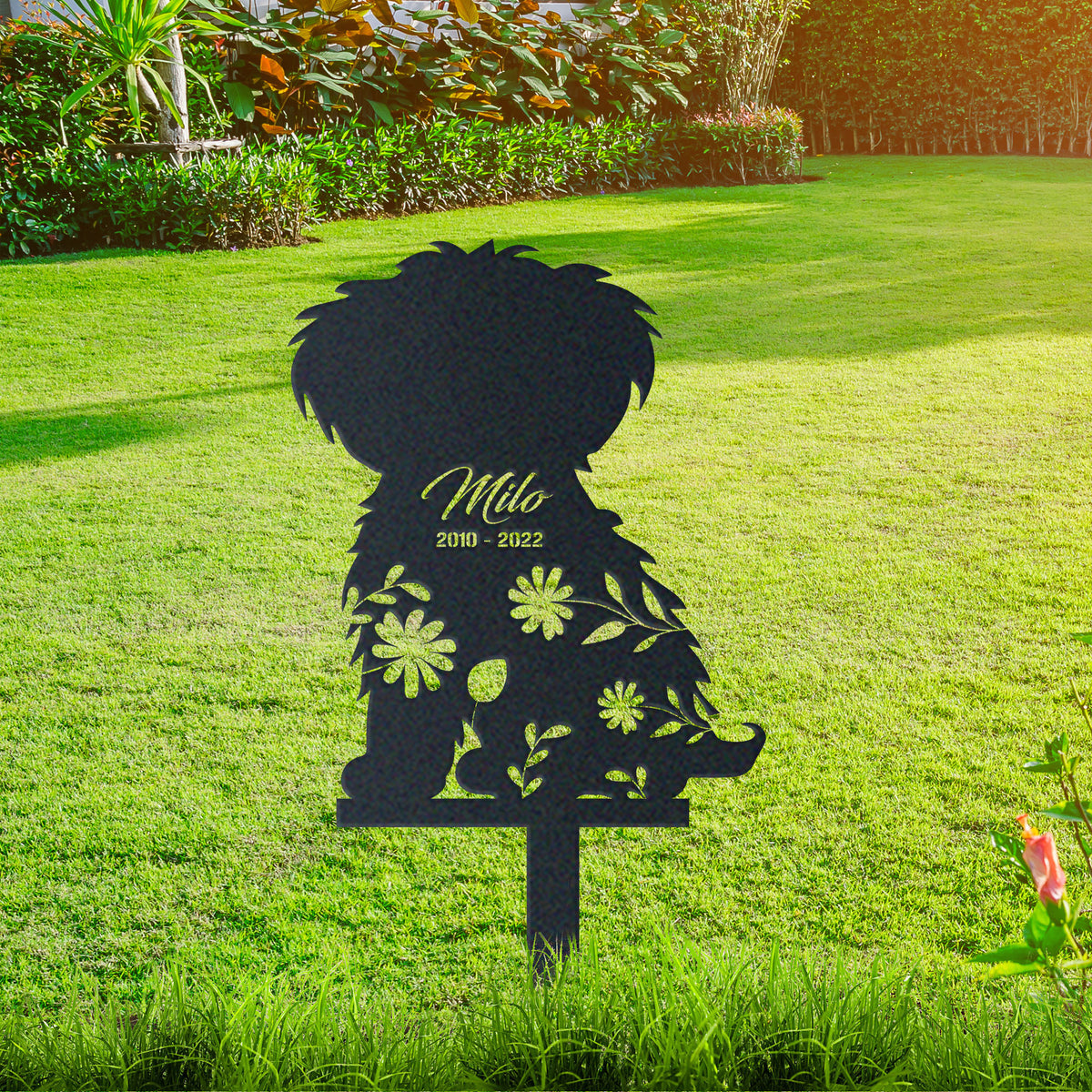 Maltipoo Garden Sign| Dog Sympathy Gift metal garden stake displayed outdoors in a yard