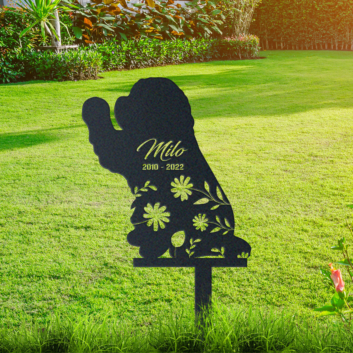 ChowChow Garden Sign| Dog Sympathy Gift metal garden stake displayed outdoors in a yard
