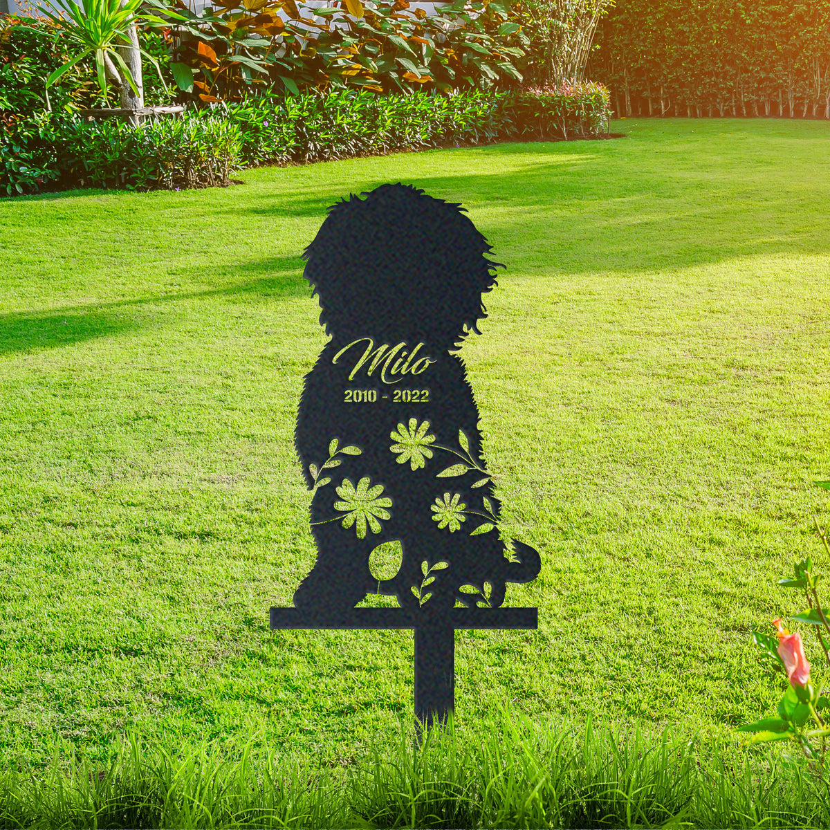 Cavapoo Garden Sign| Dog Sympathy Gift metal garden stake displayed outdoors in a yard