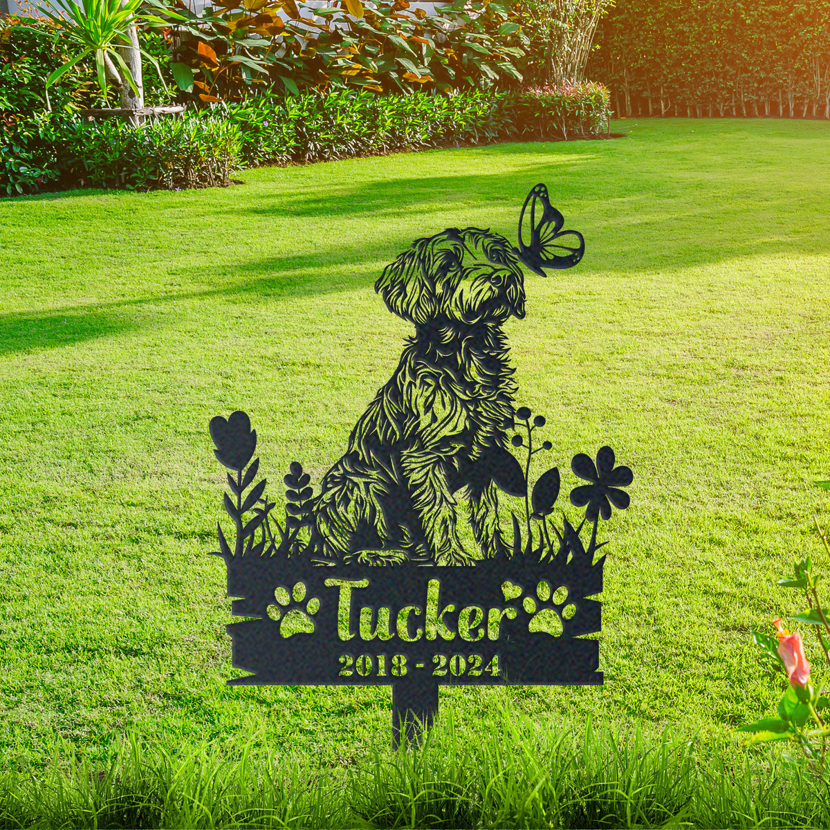 Personalized aussiedoodle memorial garden stake with pet name and dates