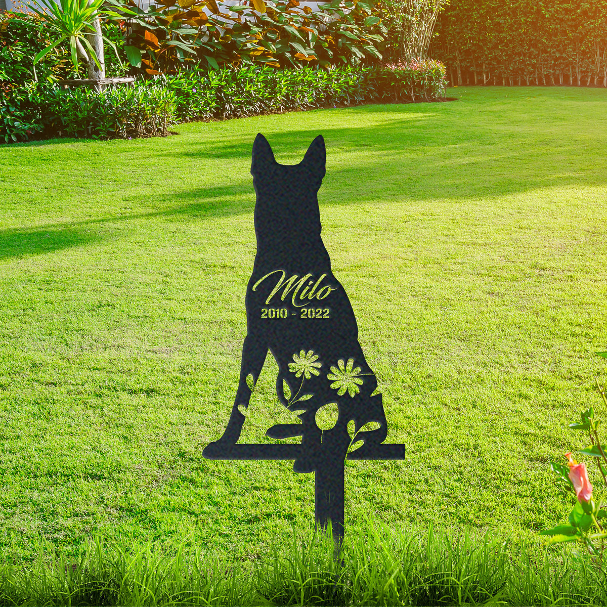 Malinois Garden Sign| Dog Sympathy Gift metal garden stake displayed outdoors in a yard