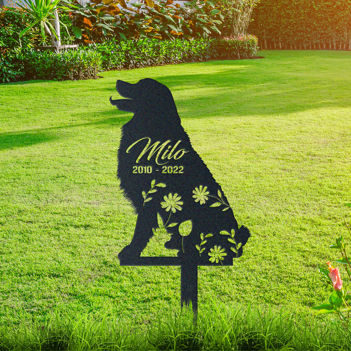 Bernese Mountain Garden Sign| Dog Sympathy Gift metal garden stake displayed outdoors in a yard