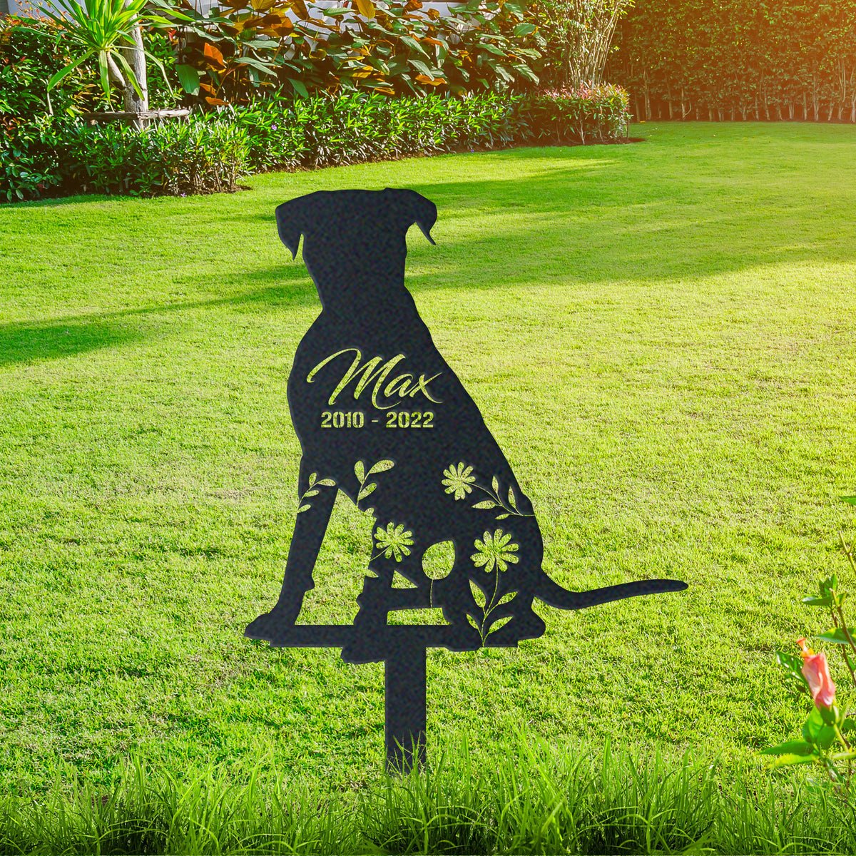Boxer Garden Sign| Dog Sympathy Gift metal garden stake displayed outdoors in a yard