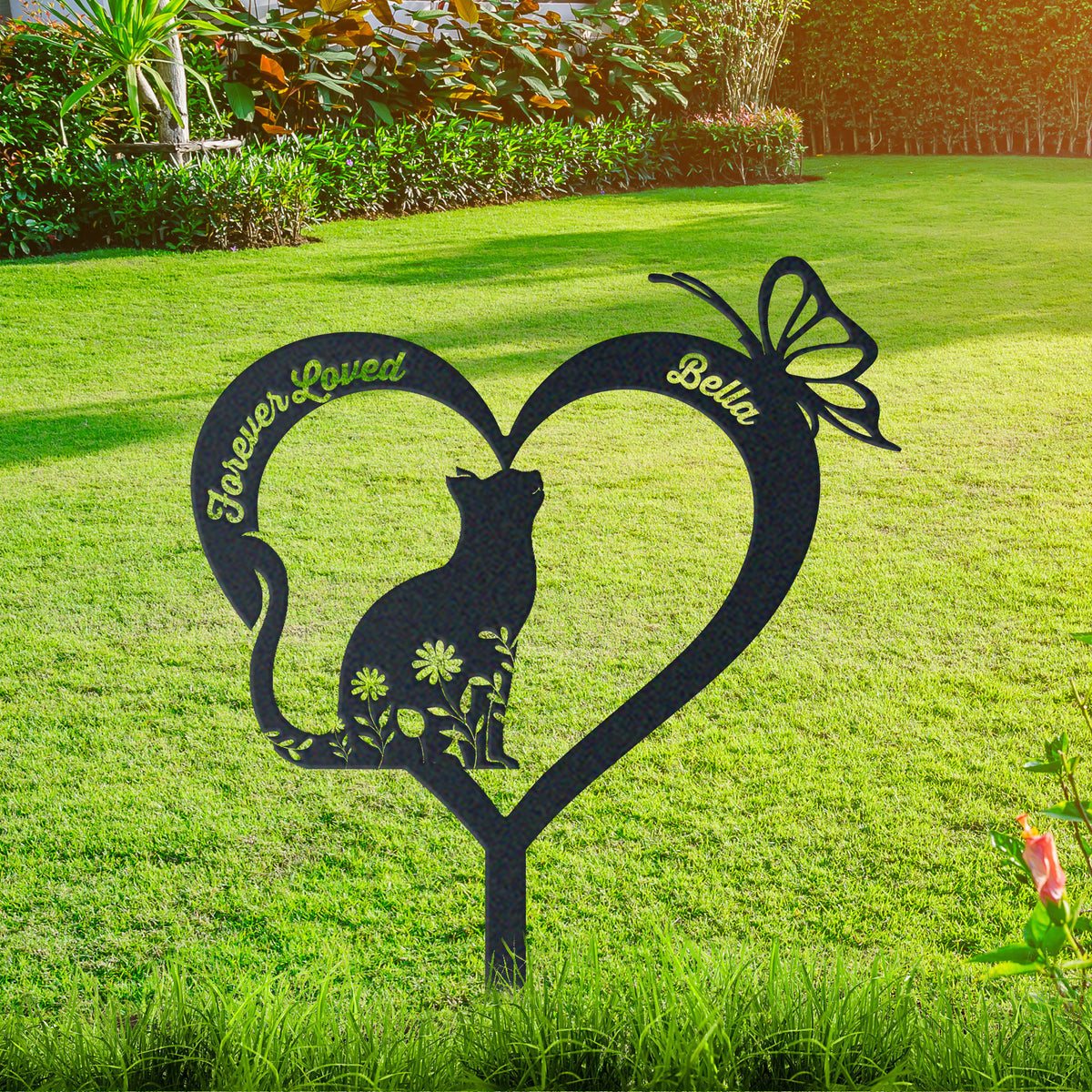Personalized cat memorial garden stake with pet name and dates