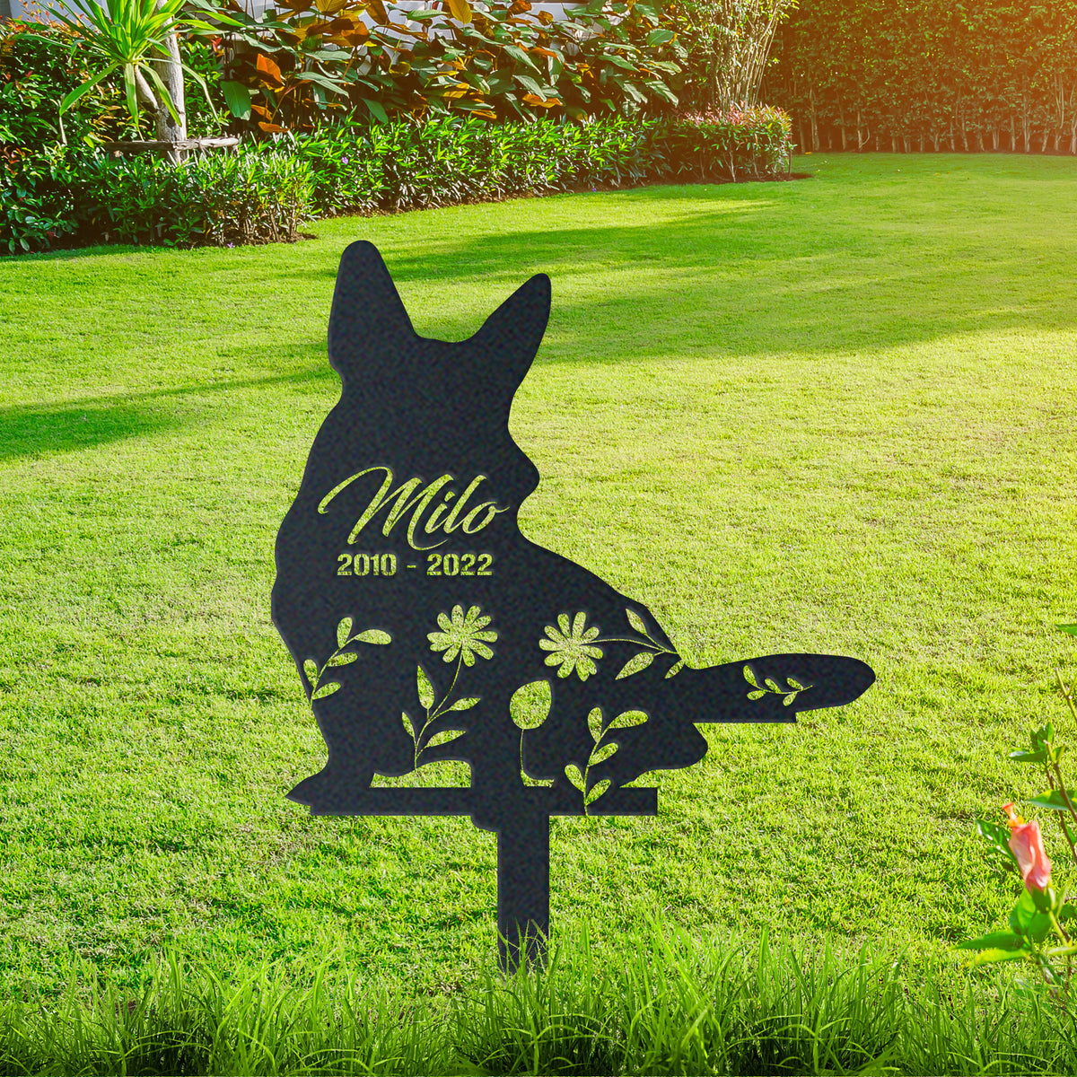 Corgi Garden Sign| Dog Sympathy Gift metal garden stake displayed outdoors in a yard