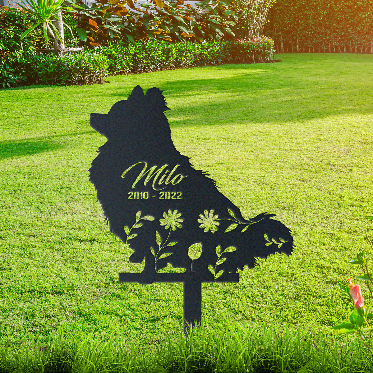 Pomeranian Garden Sign| Dog Sympathy Gift metal garden stake displayed outdoors in a yard