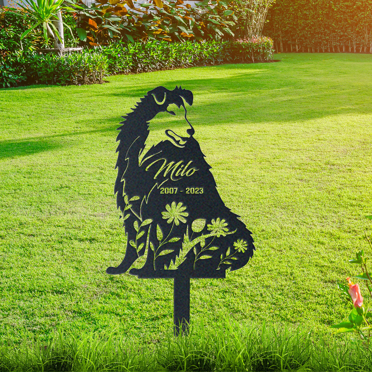 Rough Collie Garden Sign| Dog Sympathy Gift metal garden stake displayed outdoors in a yard
