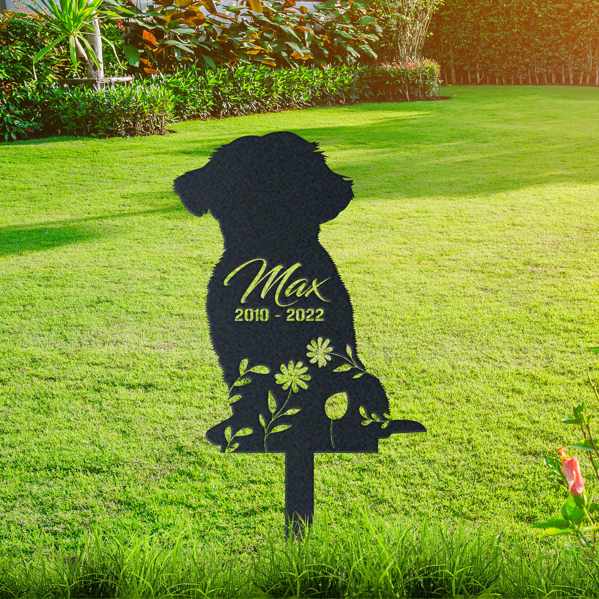 Shih Tzu Garden Sign| Dog Sympathy Gift metal garden stake displayed outdoors in a yard