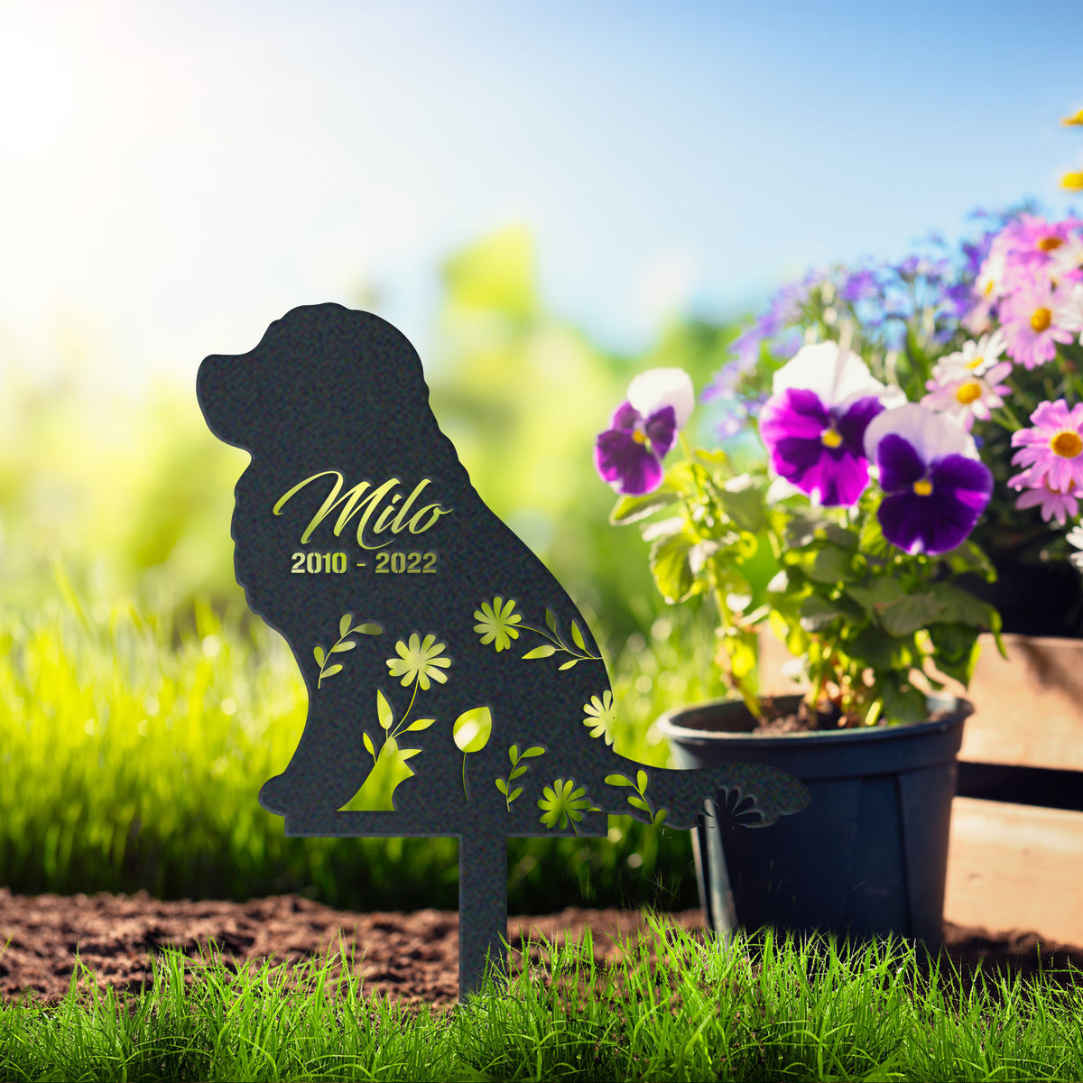 Great Pyrenees Garden Sign| Dog Sympathy Gift metal garden stake displayed outdoors in a yard