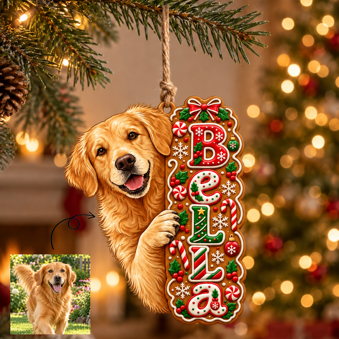 Custom Pet Photo Ornament β Personalized Wooden Dog Ornament with Vertical Name