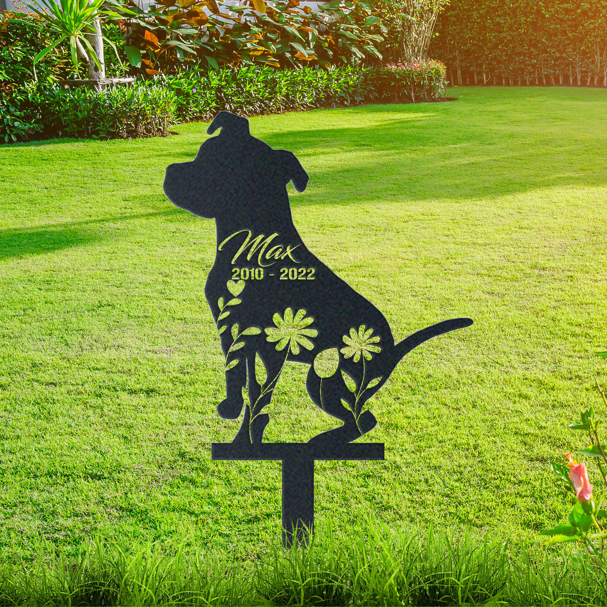 Pit Bull Garden Sign| Dog Sympathy Gift metal garden stake displayed outdoors in a yard