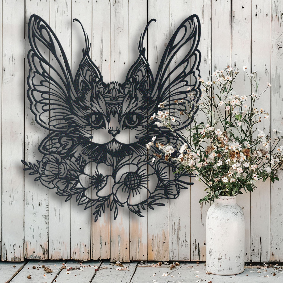 Floral Beautiful Cat With Butterfly Wings metal wall art displayed on a home wall