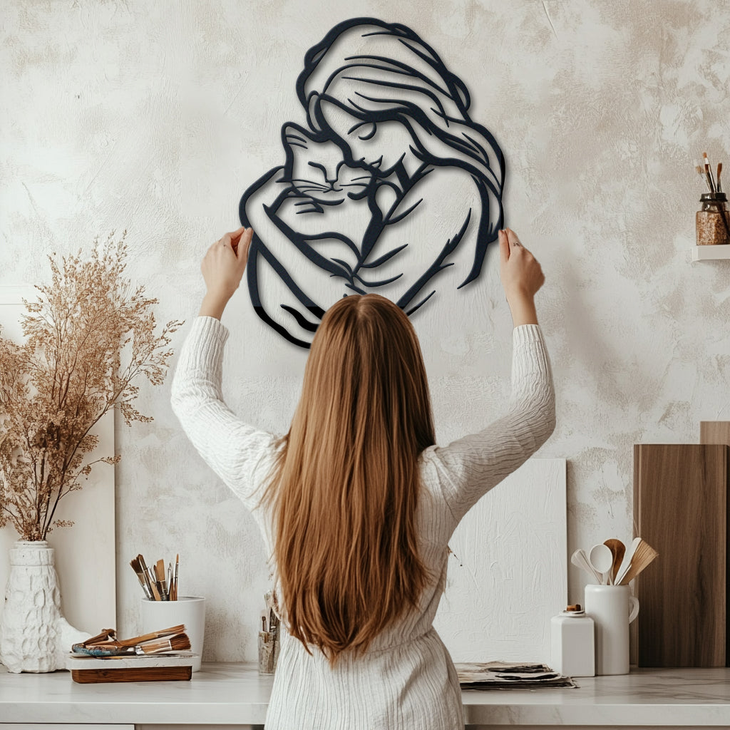 Handcrafted Cat Mom metal wall art displayed on a home wall