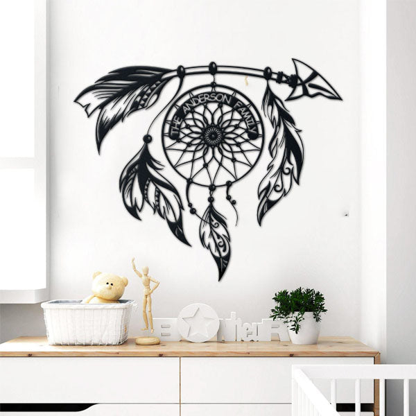 Native American Metal Dreamcatcher Arrow metal wall art displayed on a home wall