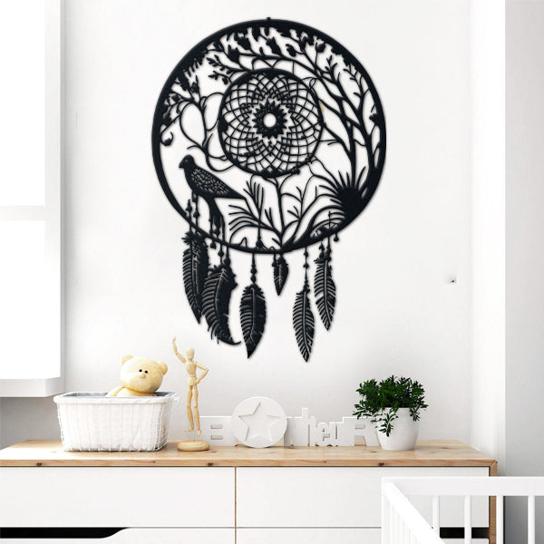 Native American Metal Dreamcatcher Bird metal wall art displayed on a home wall