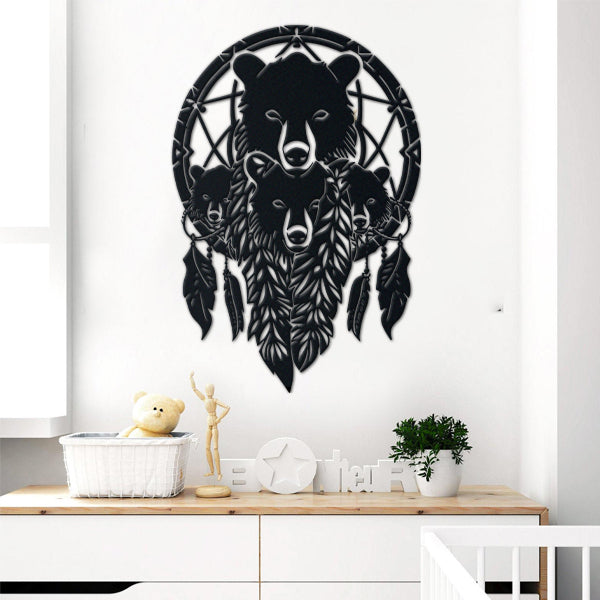 Native American Metal Dreamcatcher Bear metal wall art displayed on a home wall