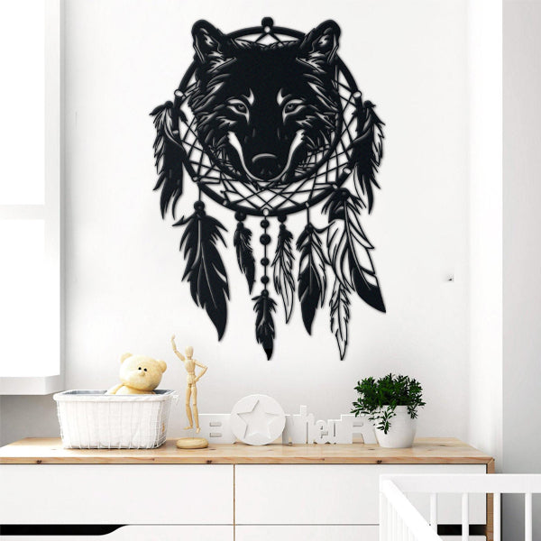 Native American Metal Dreamcatcher Wolf metal wall art displayed on a home wall