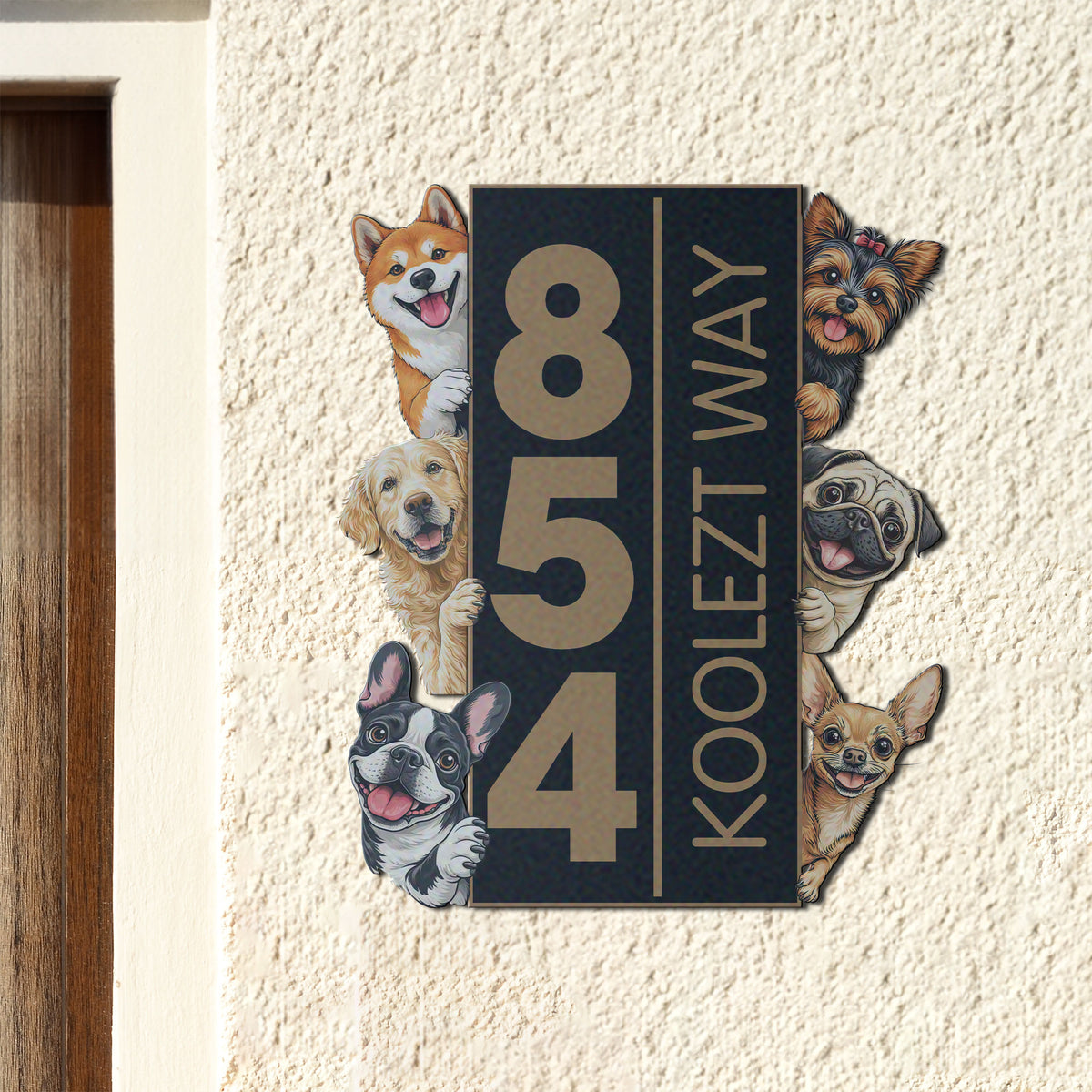 Personalized dog address sign with house number, street name and custom-color metal finish displayed outdoors.