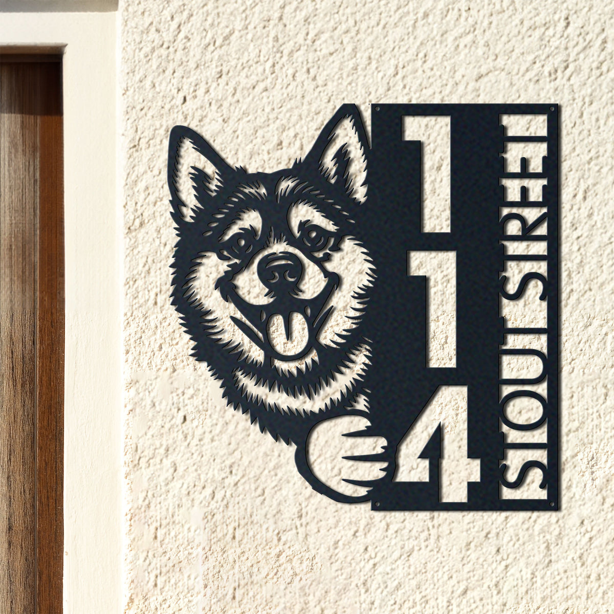 Personalized akita address sign with house number and street name in metal