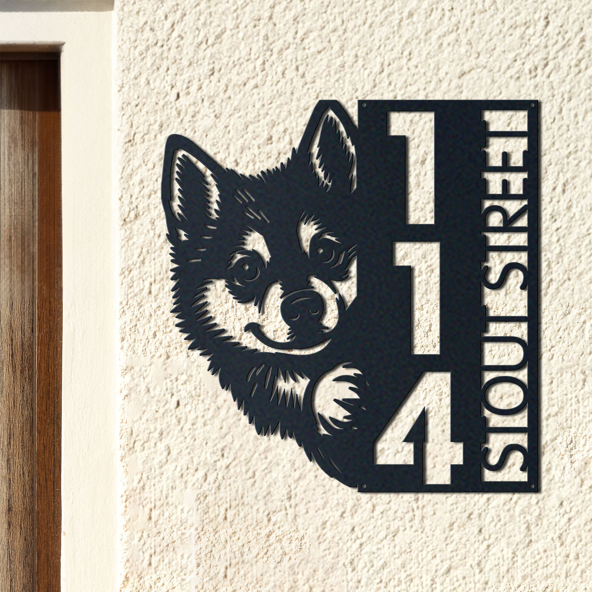 Personalized alaskan klee kai address sign with house number and street name in metal