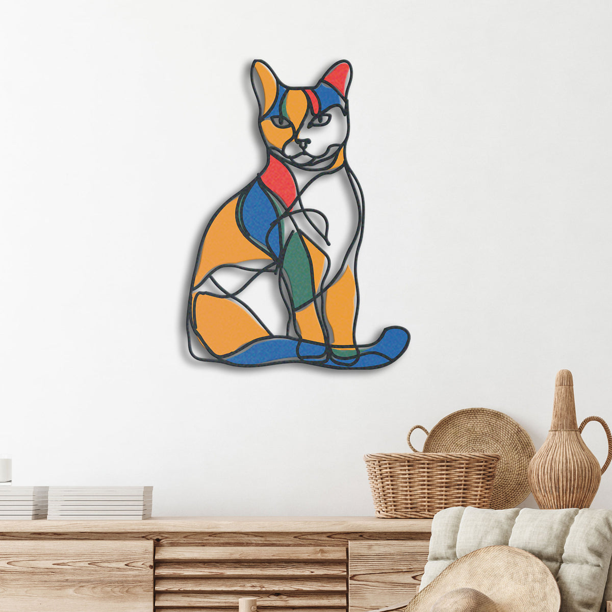 Abstract Cat metal wall art displayed on a home wall