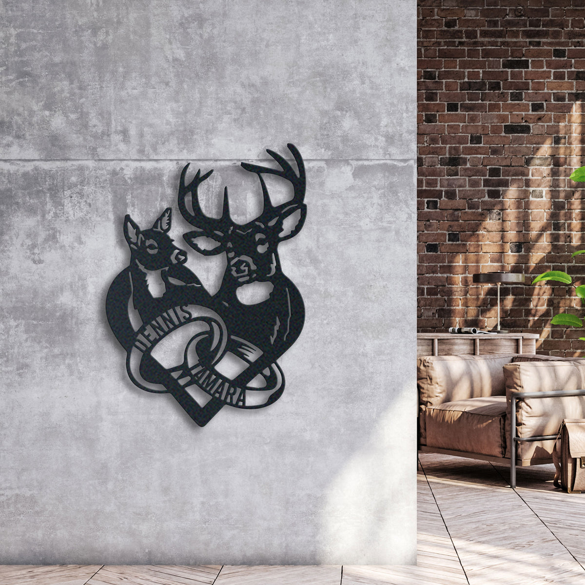 Hunting Deer Lovers metal wall art displayed on a home wall