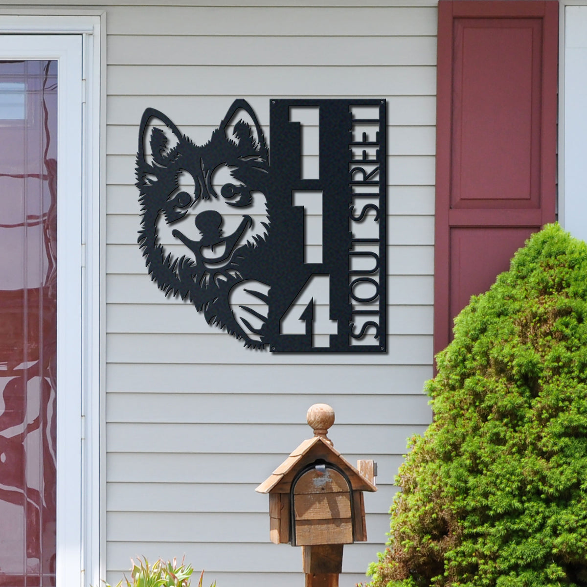 Personalized alaskan klee kai address sign with house number and street name in metal