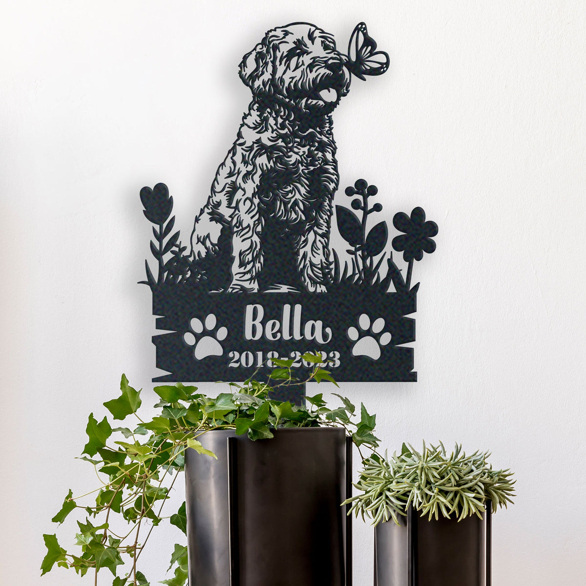 Personalized goldendoodle memorial garden stake with pet name and dates