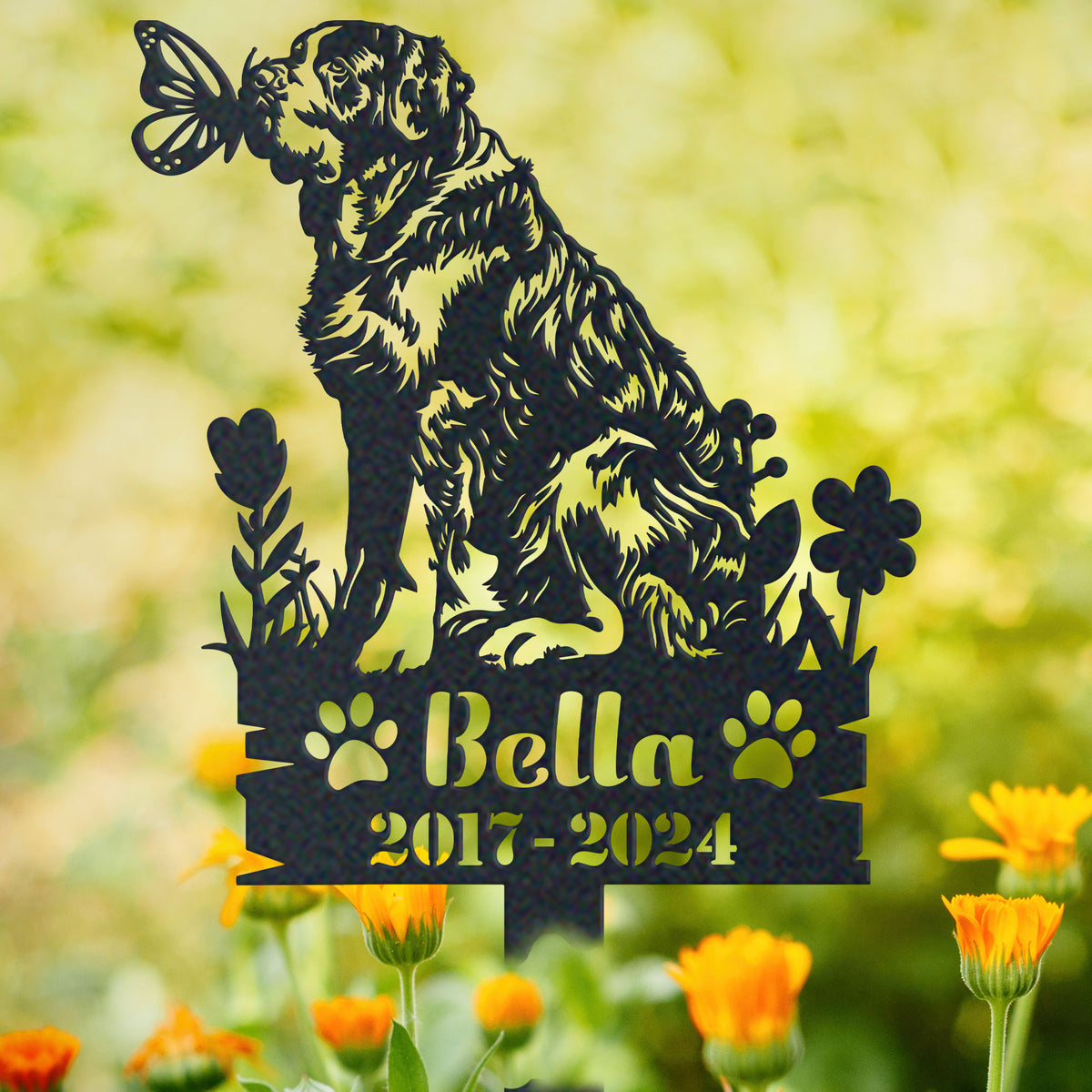 Personalized saint bernard memorial garden stake with pet name and dates