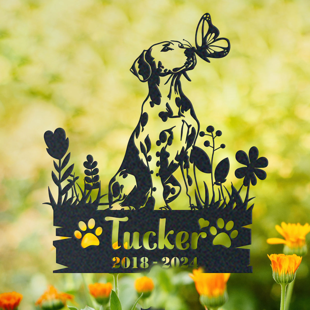 Personalized dalmatian memorial garden stake with pet name and dates