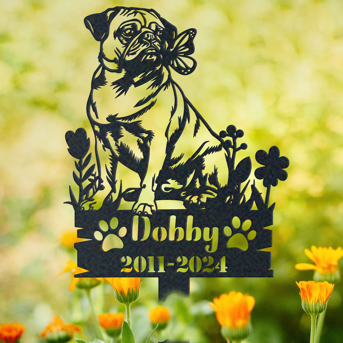 Personalized pug memorial garden stake with pet name and dates