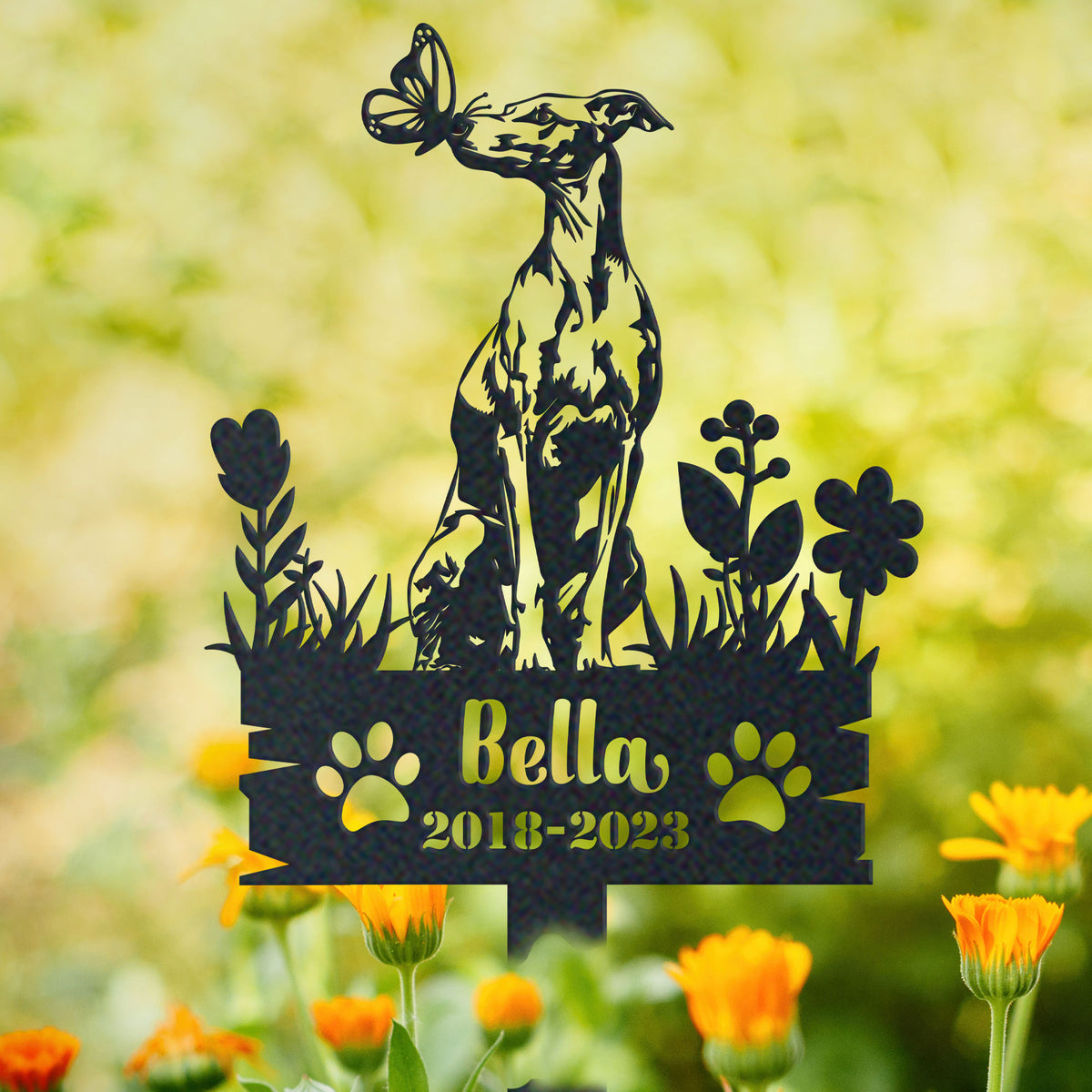 Personalized greyhound memorial garden stake with pet name and dates