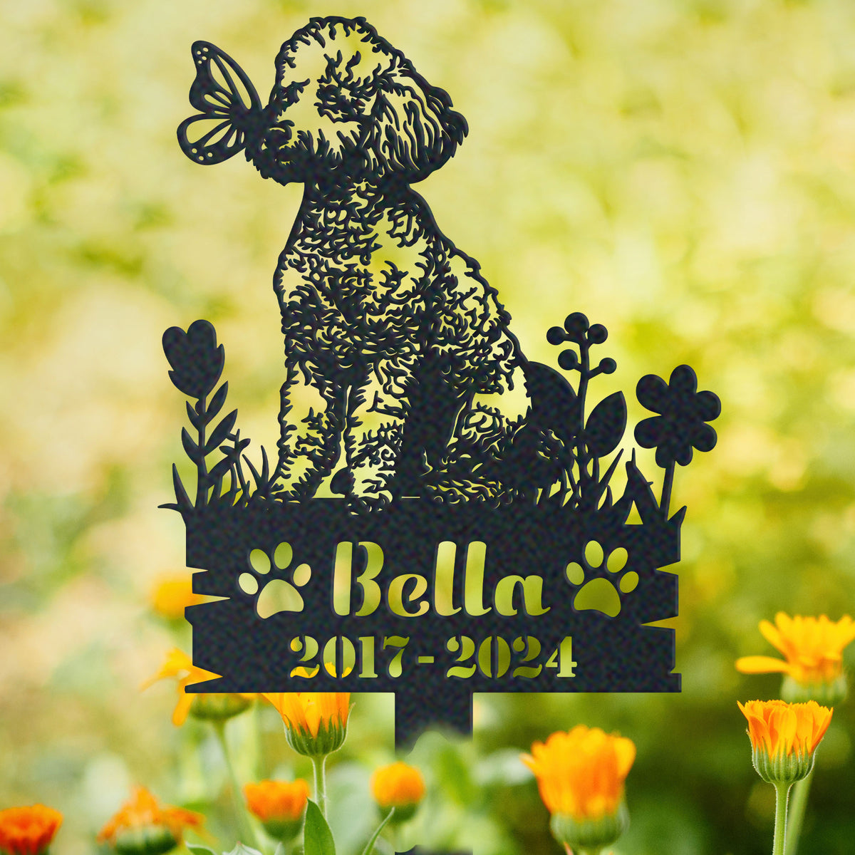 Personalized poodle memorial garden stake with pet name and dates