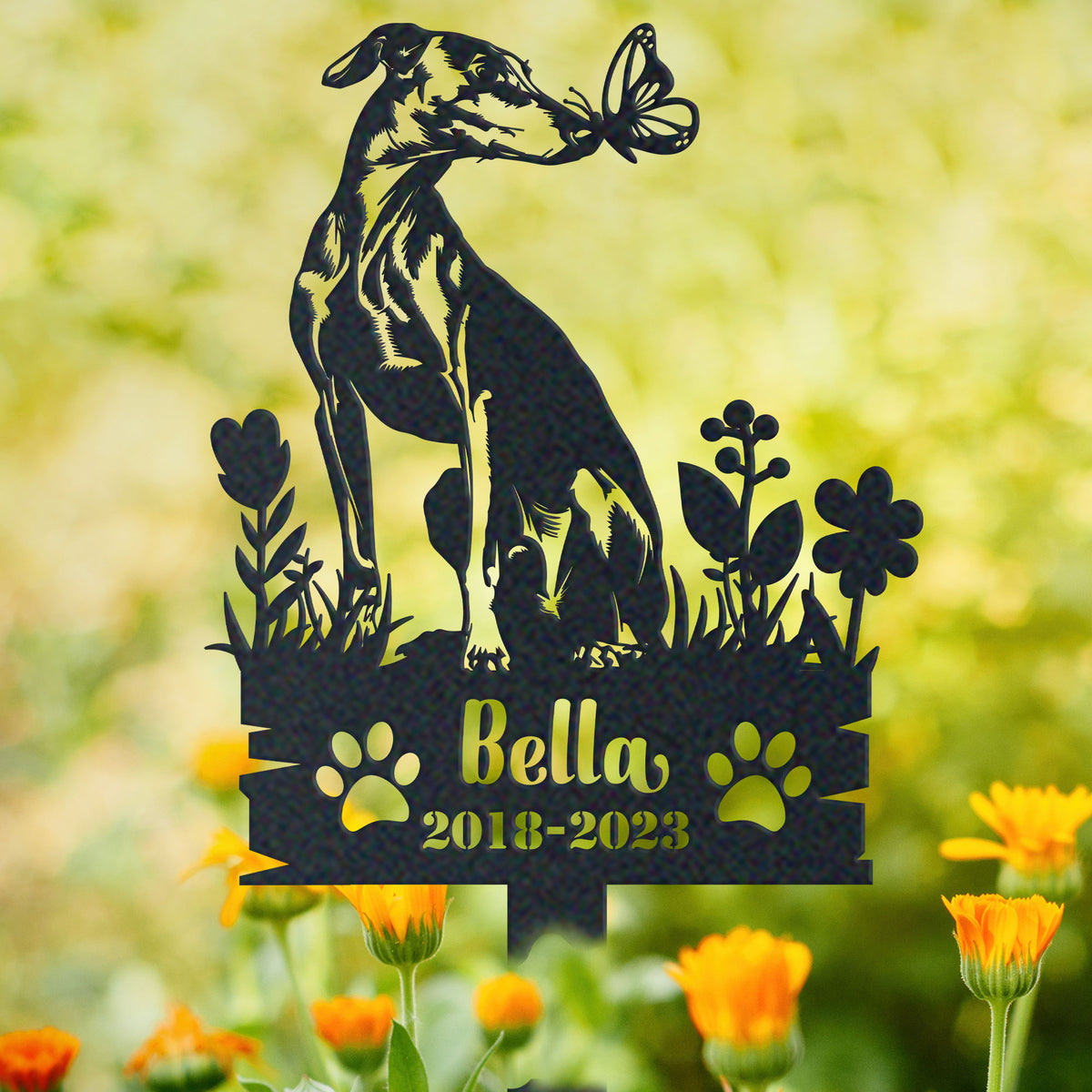 Personalized greyhound memorial garden stake with pet name and dates